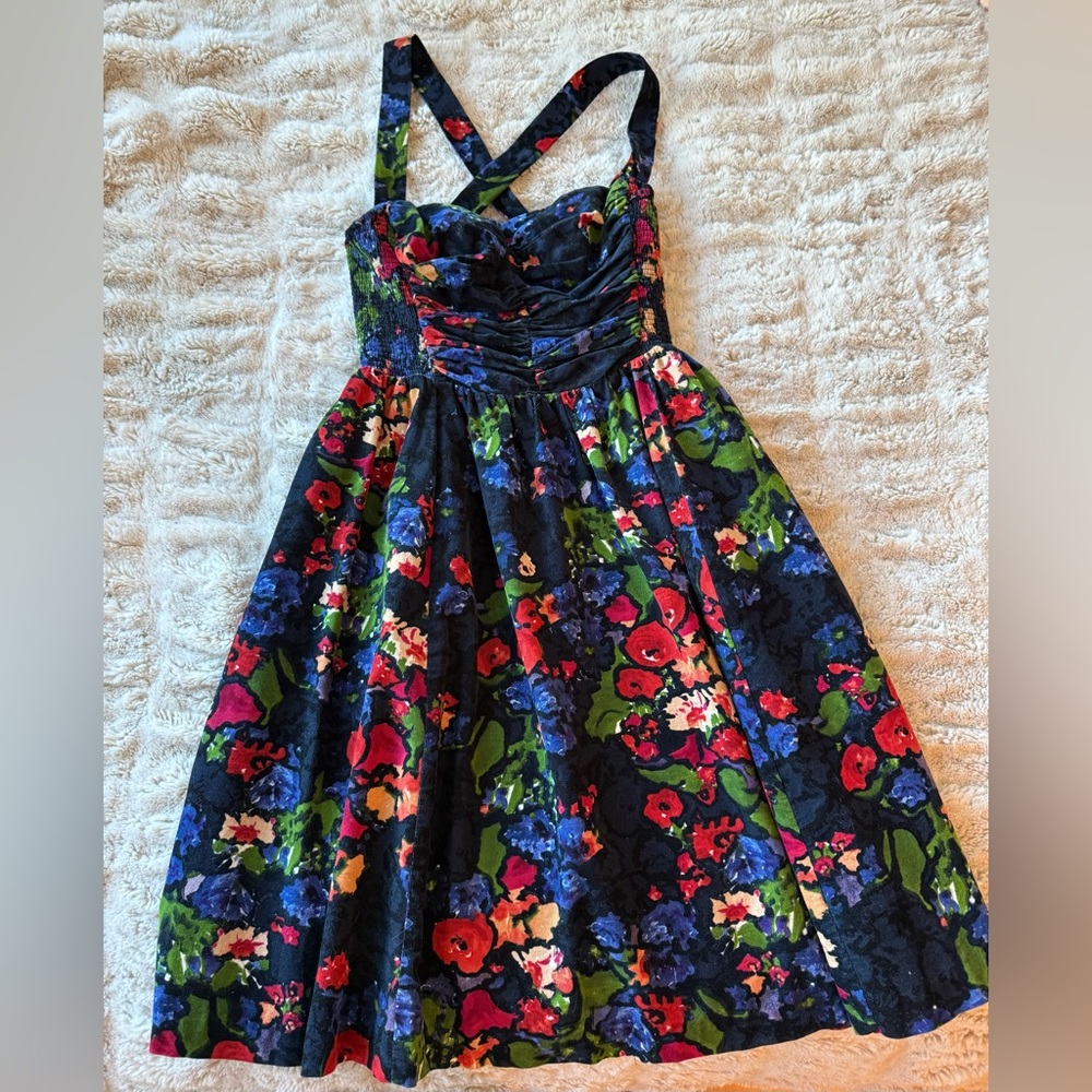HD in Paris Floral Corduroy Midi Dress - Navy with Red, Green, and Blue